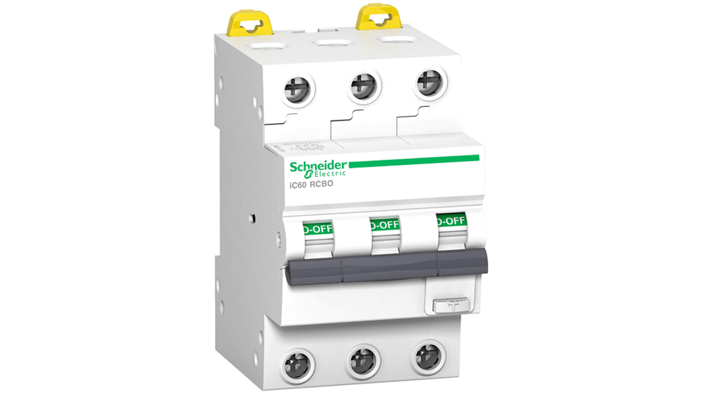 Schneider Electric RCBO, 25A Current Rating, 3P Poles, 30mA Trip Sensitivity, Type C, Acti9 Range