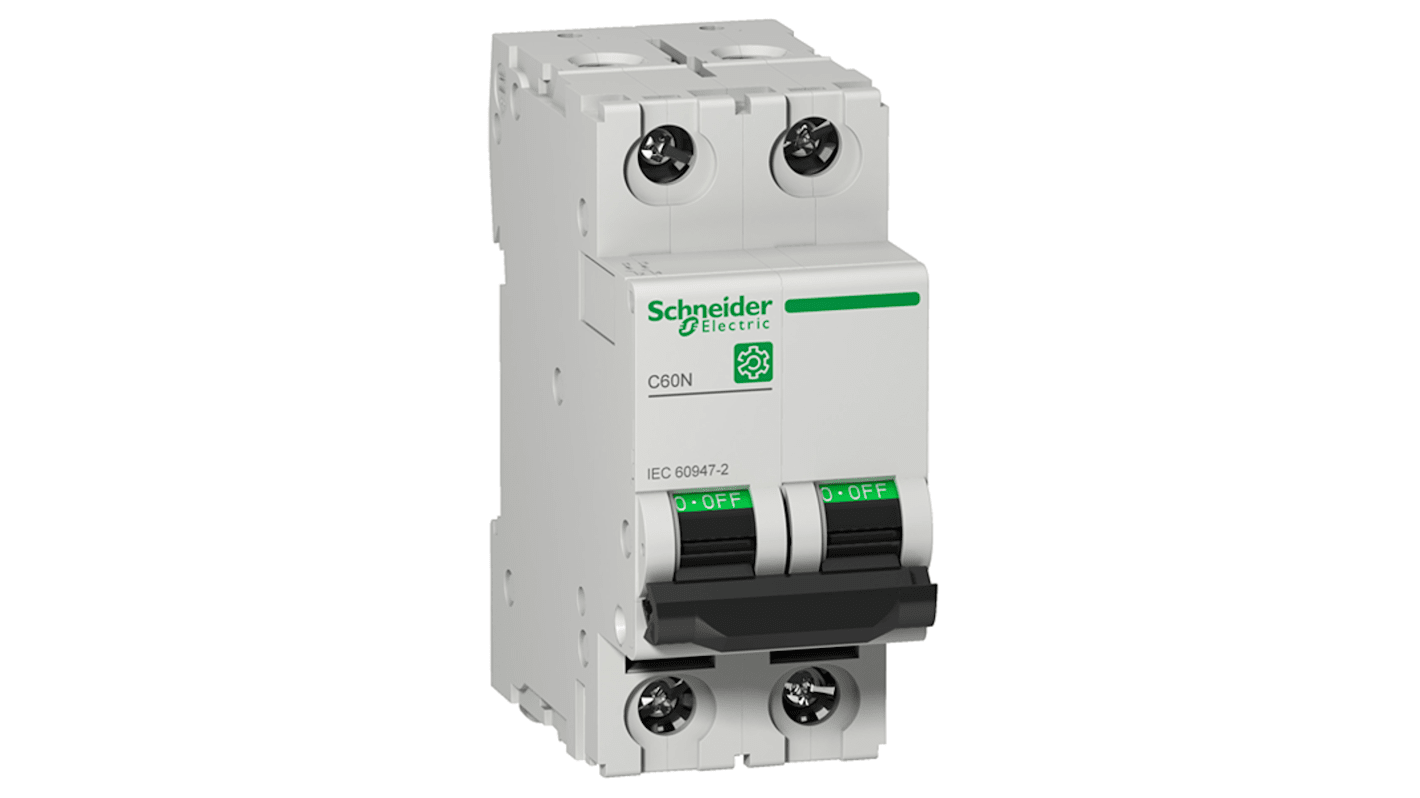 Schneider Electric Multi9 M9F1 MCB, 2P, 2A Curve D, 440V AC, 125V DC, 6 kA Breaking Capacity