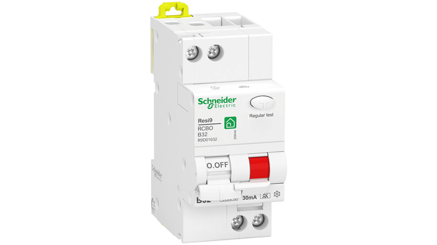 Schneider Electric RCBO, 32A Current Rating, 1P+N Poles, 30mA Trip Sensitivity, Type B, Resi9 Range