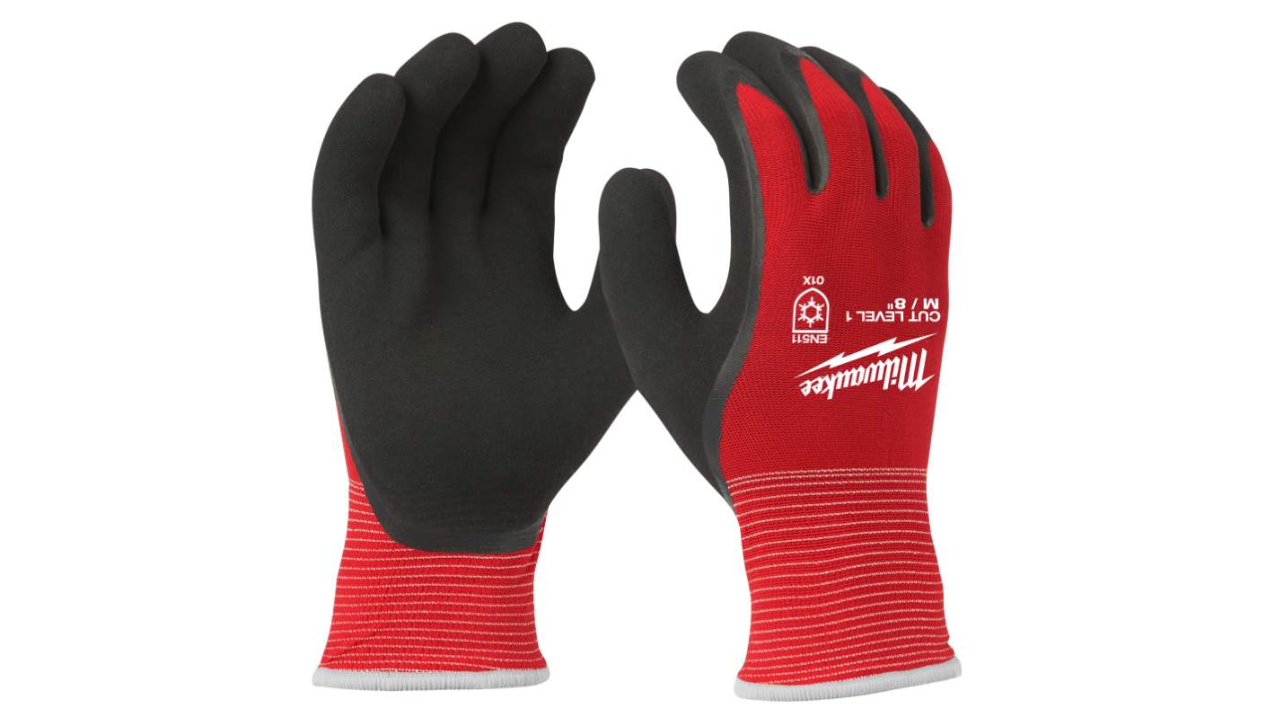 Milwaukee Winter Cut Black/Red Glass Fibre, HPPE Cut Resistant Work Gloves, Size 7, S, Latex Coating