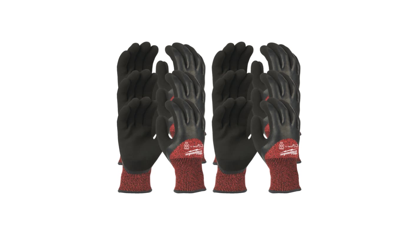Milwaukee Winter Cut Black/Red Glass Fibre, HPPE Cut Resistant Work Gloves, Size 9, L, Latex Coating