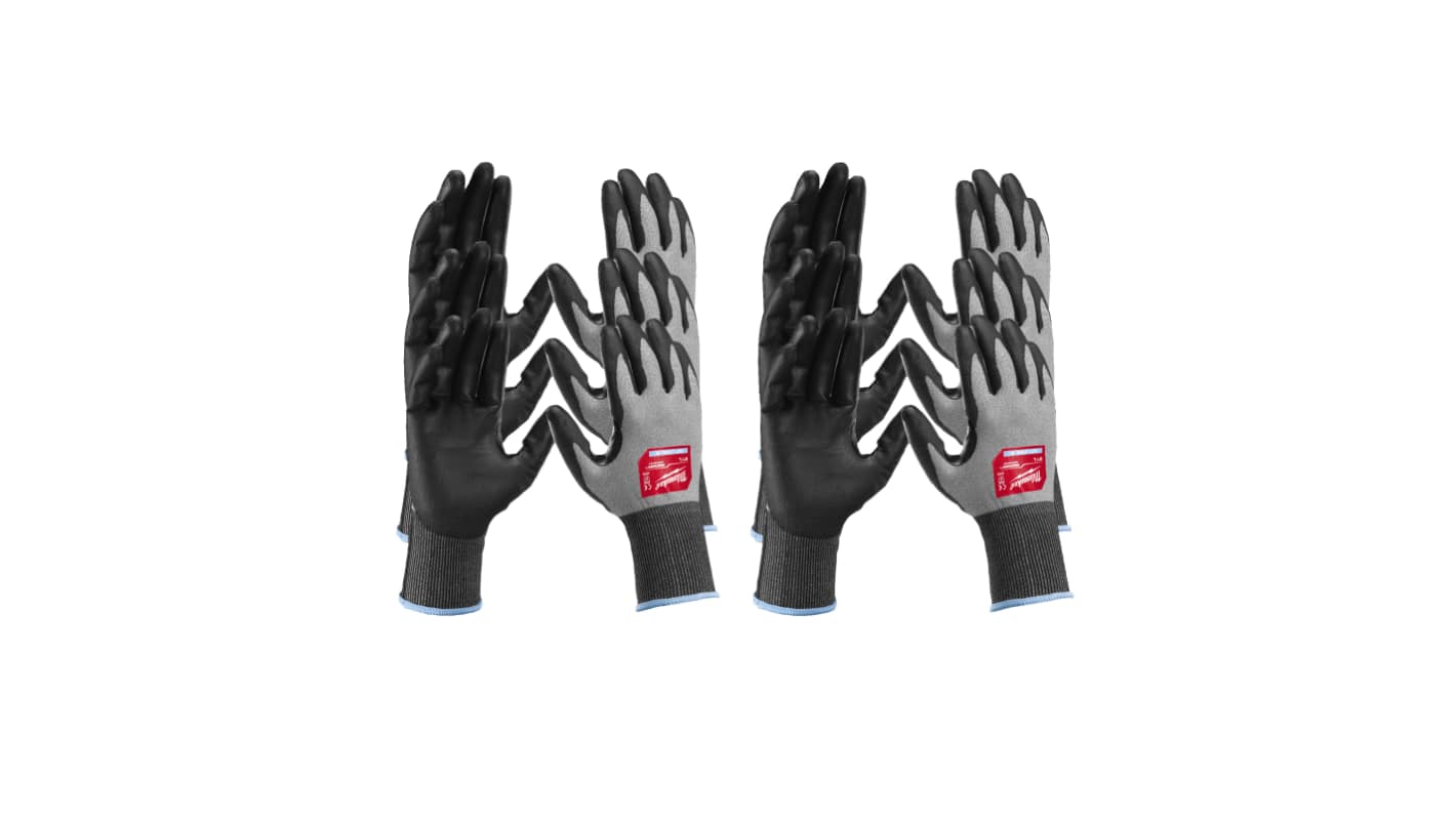 Milwaukee HI Dex Black, Grey Glass Fiber, HPPE, Nitrile, Nylon, Polyester, Spandex Cut Resistant Work Gloves, Size 8,