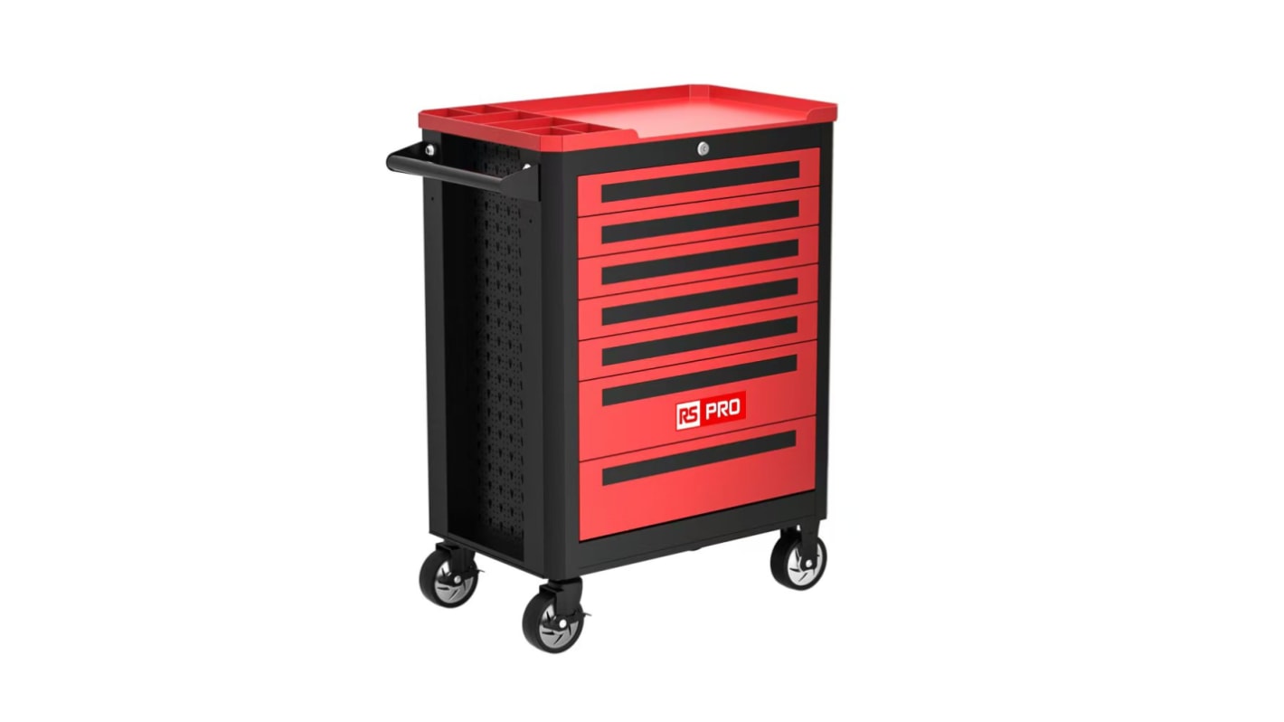 RS PRO 7 Drawer High Carbon Steel Wheeled Tool Trolley with 252 Pieces Engineering Tools