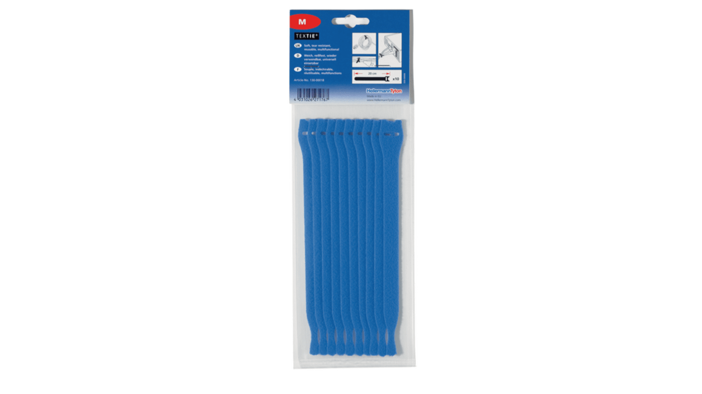 HellermannTyton Cable Tie, Hook and Loop, 200mm x 12.5 mm, Blue PA (Loop), PE (Hook), Pk-10