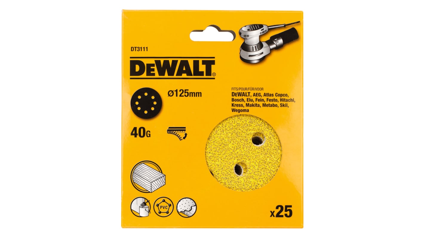 DeWALT DT31 Aluminium Oxide Sanding Disc, 125mm, 40 Grit, 25 in pack
