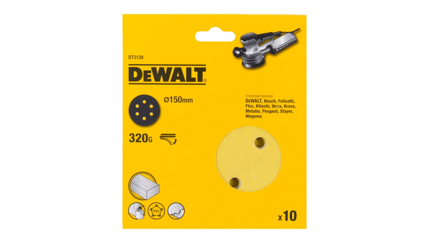 DeWALT DT31 Aluminium Oxide Sanding Disc, 150mm, 320 Grit, 10 in pack