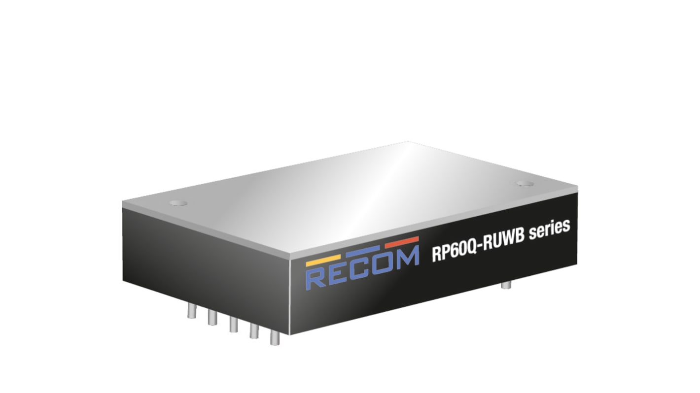 Recom RP60Q-RUW Series DC-DC Converter, 15V dc/ 4A Output, 14-160 V dc Input, 60W, Through Hole, +105°C Max Temp -40°C