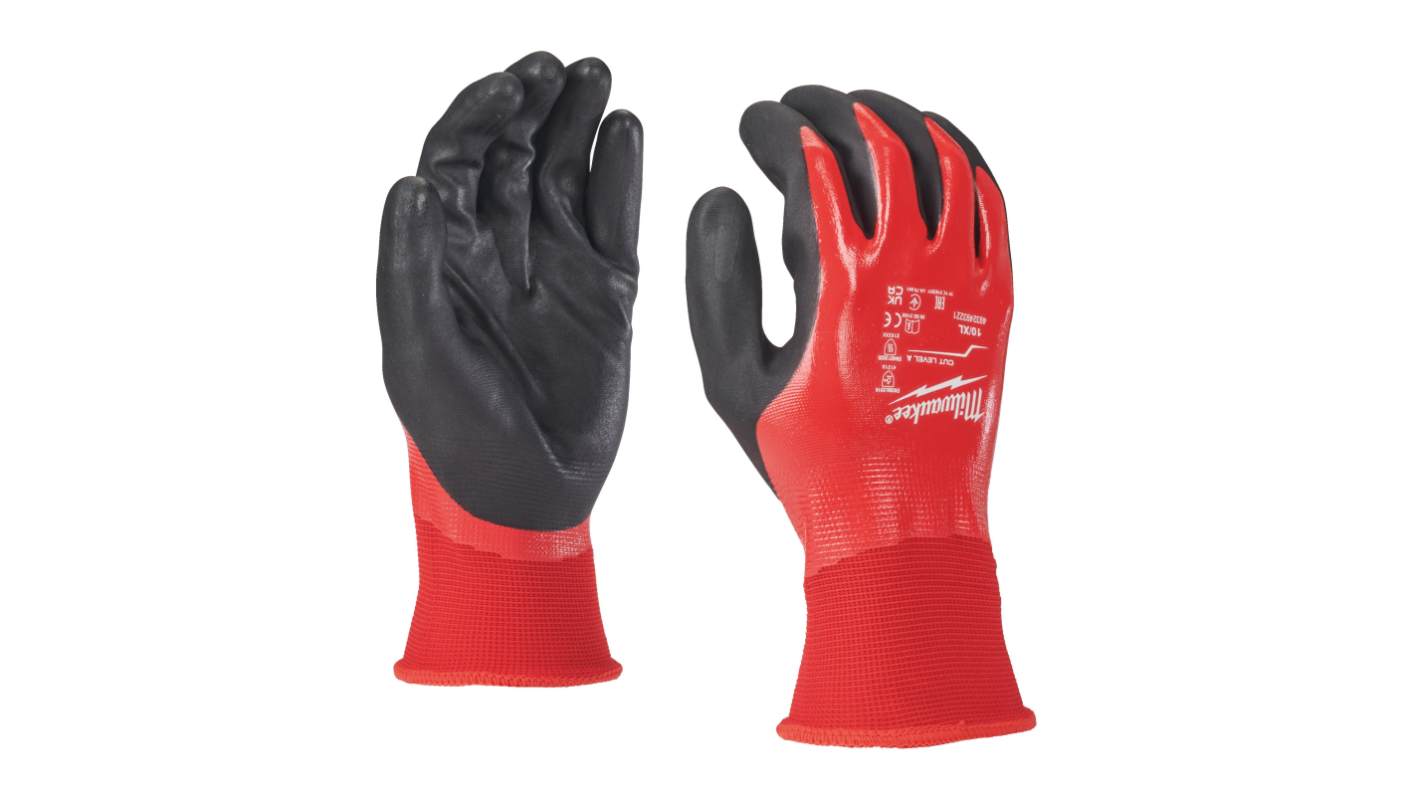 Milwaukee Fully Dip Cut Black/Red Polyester Oil Resistant Work Gloves, Size 7, S, Nitrile Coating