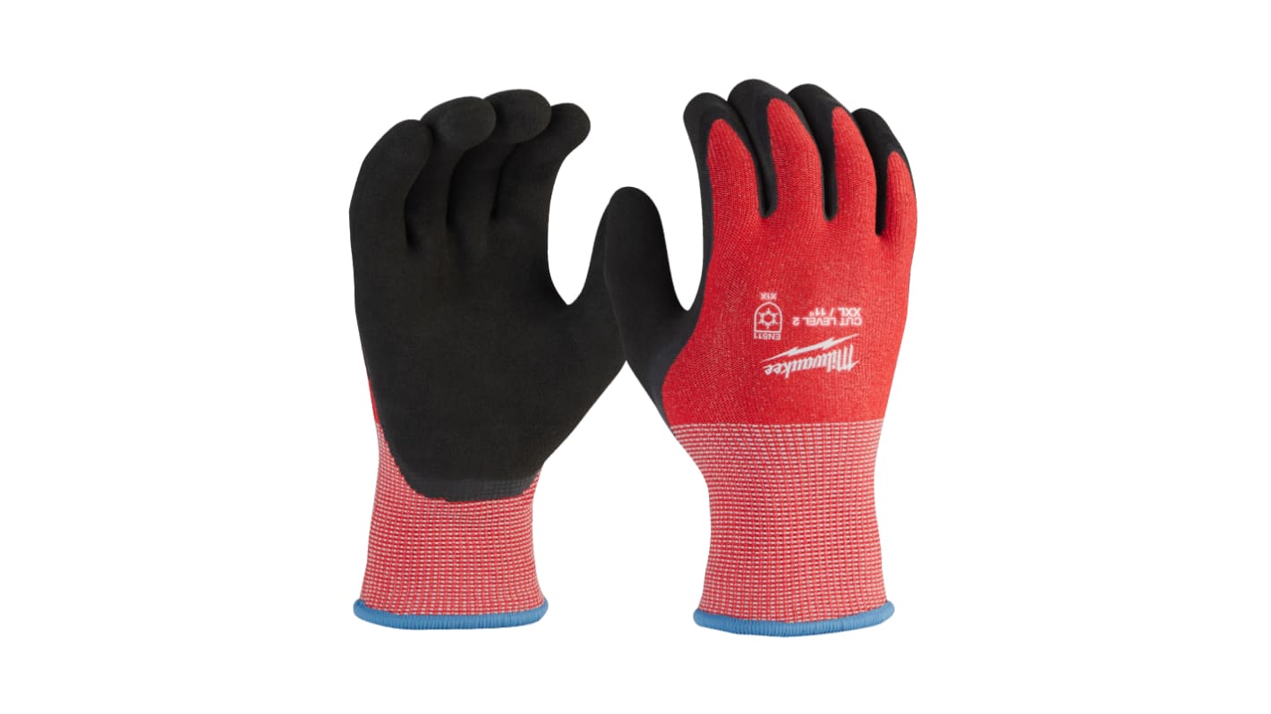 Milwaukee Winter Cut Black/Red Glass Fibre, HPPE Cut Resistant Work Gloves, Size 8, M, Latex Coating
