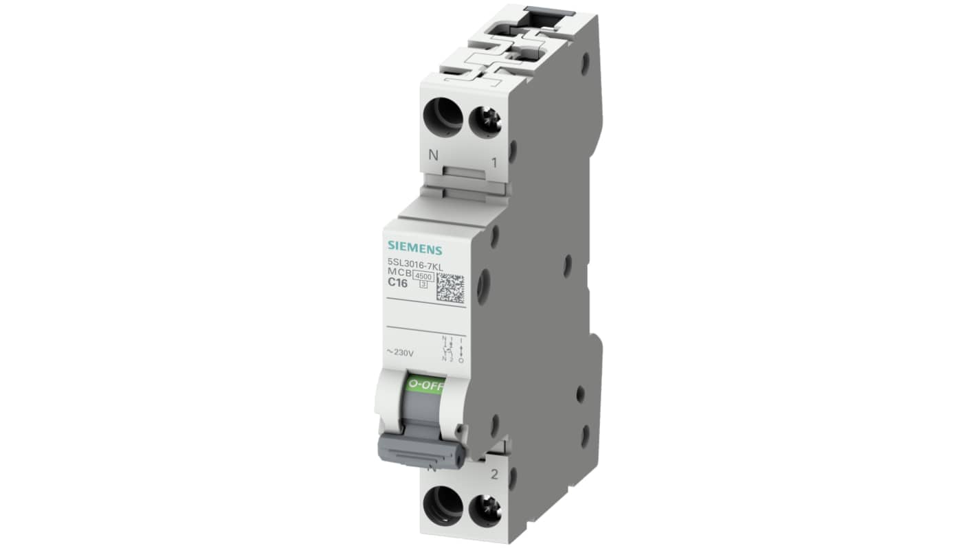 Siemens SENTRON 5SL3 Circuit Breaker, 1+N, 20A Curve C, 230V AC, 60V DC, 4.5 KA Breaking Capacity