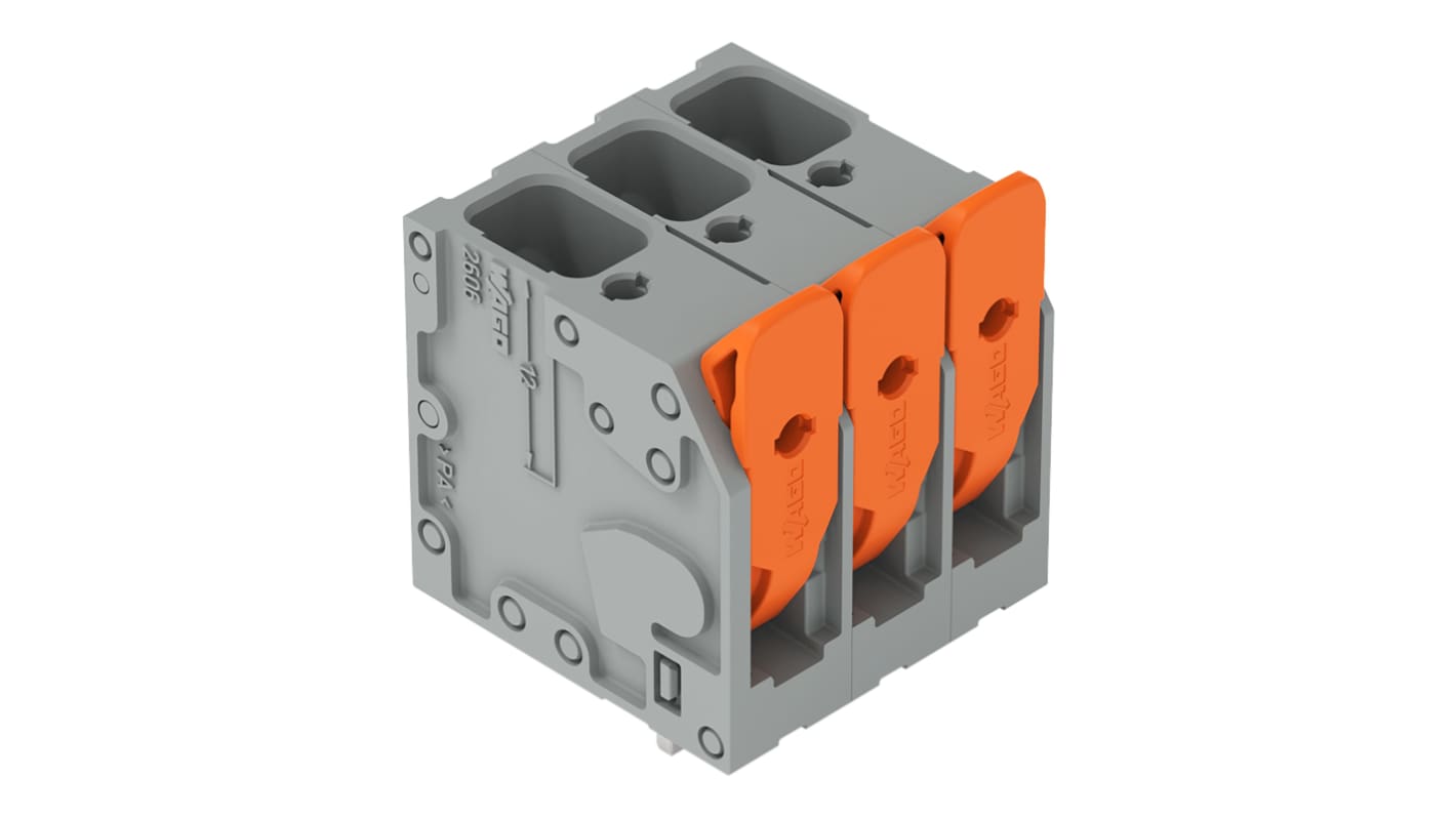 WAGO 2606 Series PCB Connector, 2-Contact, 7.5mm Pitch, Through Hole Mount, 1-Row, Push-In Cage Clamp Termination