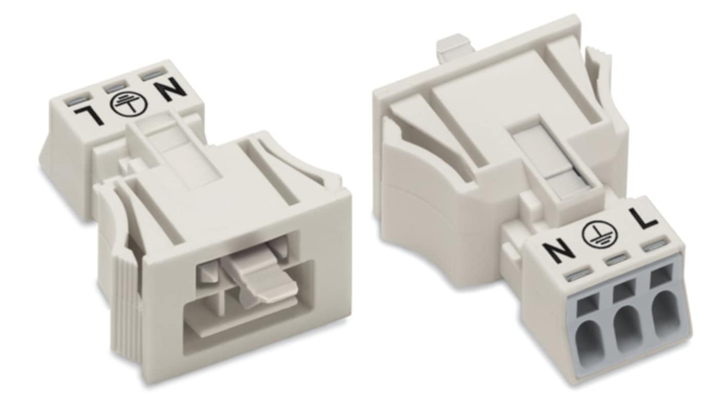 WAGO 890 Series Male Lighting Connector, 3-Pole, Male, 3-Way, Snap-In, 16A, IP20, IP40