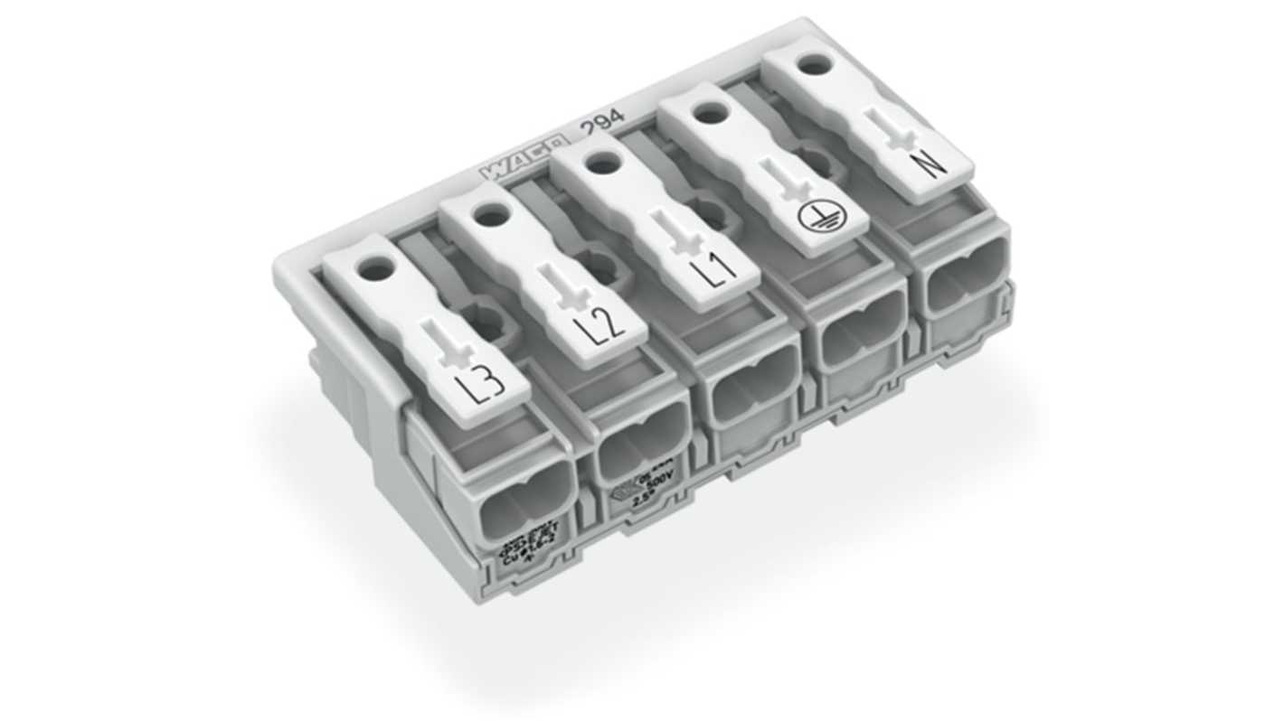 WAGO 294 Series Male Lighting Connector, 5-Pole, Male, 5-Way, Plug-In Mount, 24A