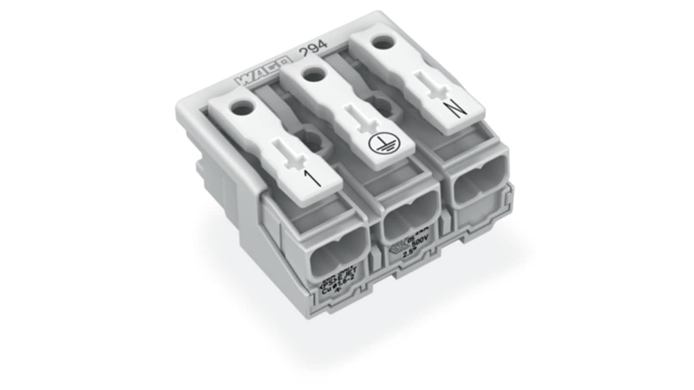 WAGO 294 Series Male Lighting Connector, 3-Pole, Male, 3-Way, Plug-In Mount, 24A