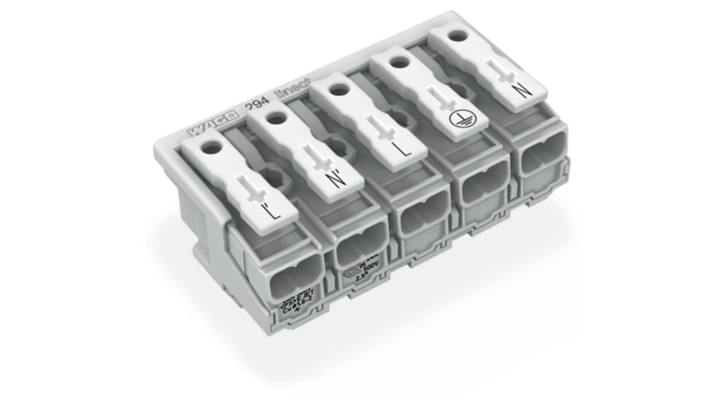 WAGO 294 Series Male Lighting Connector, 5-Pole, Male, 5-Way, Plug-In Mount, 24A