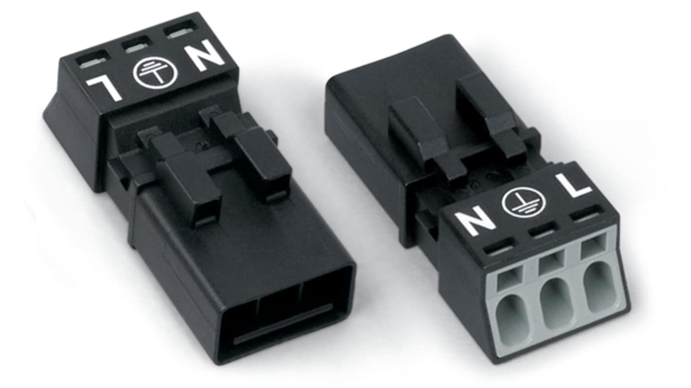 WAGO 890 Series Male Lighting Connector, 3-Pole, Male, 3-Way, Plug-In Mount, 16A, IP20, IP40