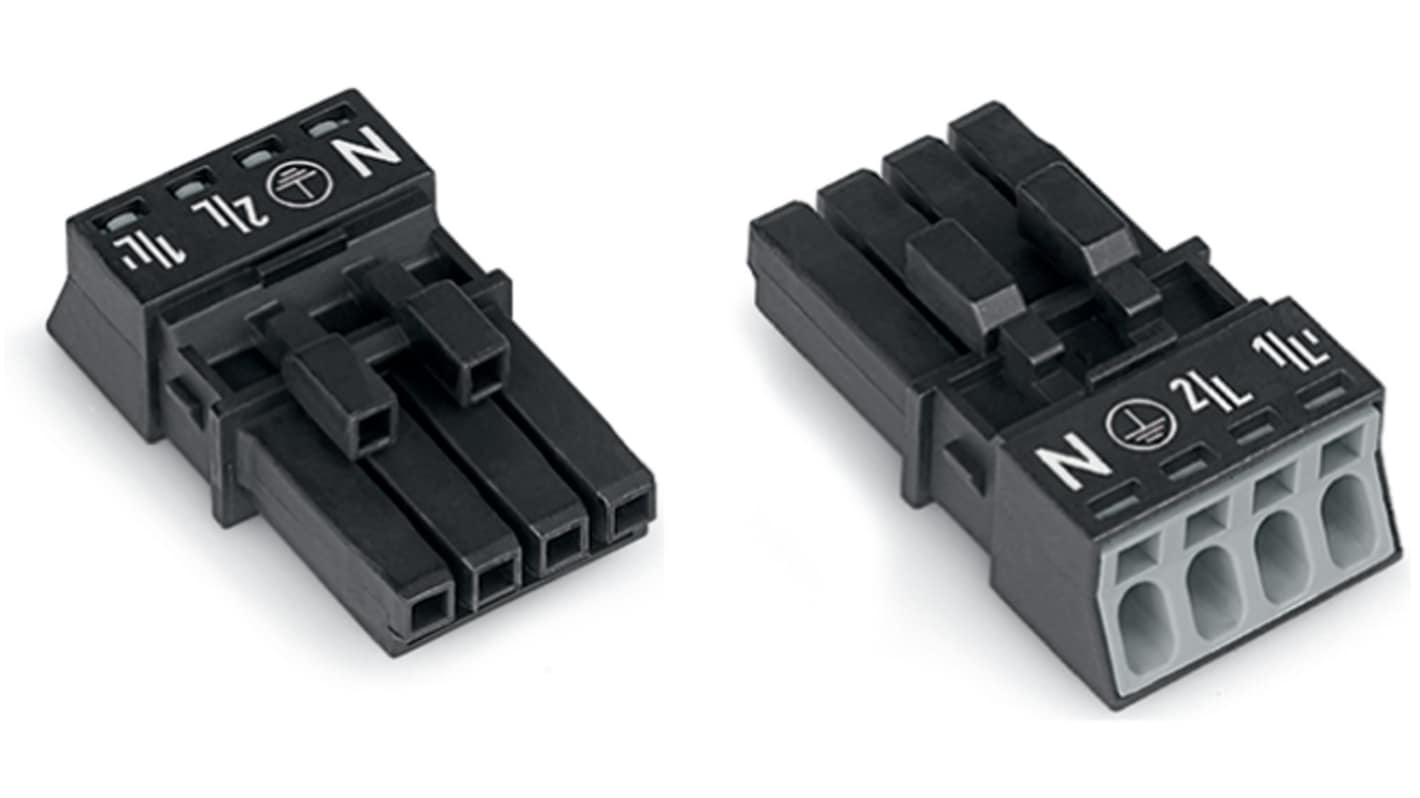 WAGO 890 Series Female Lighting Connector, 4-Pole, Female, 4-Way, Plug-In Mount, 16A, IP20, IP40