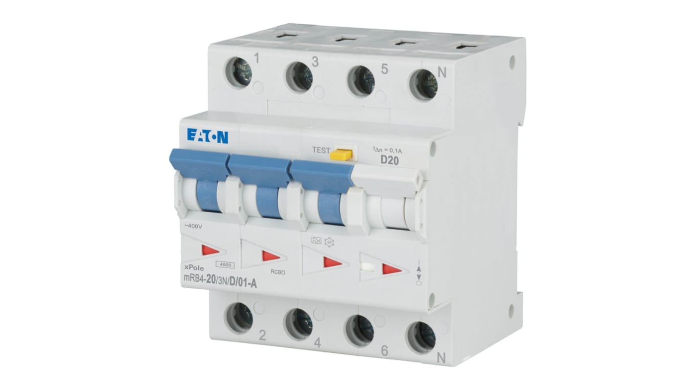 Eaton RCBO, 20A Current Rating, 3+N Poles, 100mA Trip Sensitivity, Type D, xPole Range