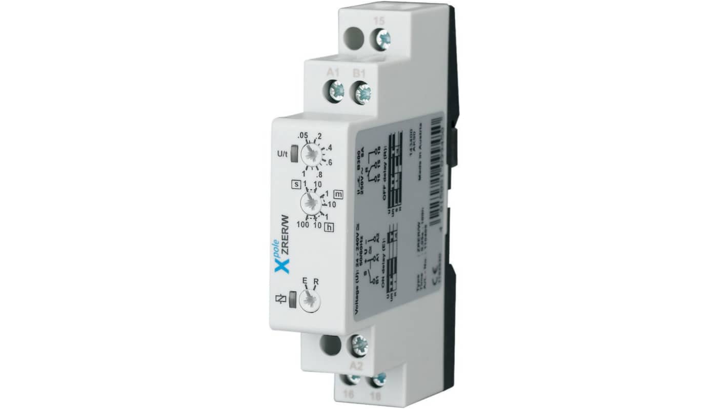 Eaton ZRER Series DIN Rail Mount Timer Relay, 24 - 240V ac/dc, 1-Contact, 0.05 - 360000s, 2-Function, SPDT
