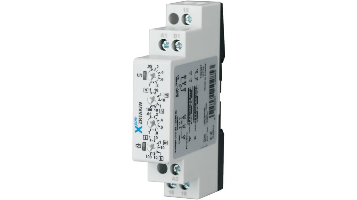 Eaton ZRTAK Series DIN Rail Mount Timer Relay, 24 - 240V ac/dc, 1-Contact, 0.05 - 360000s, 2-Function, SPDT