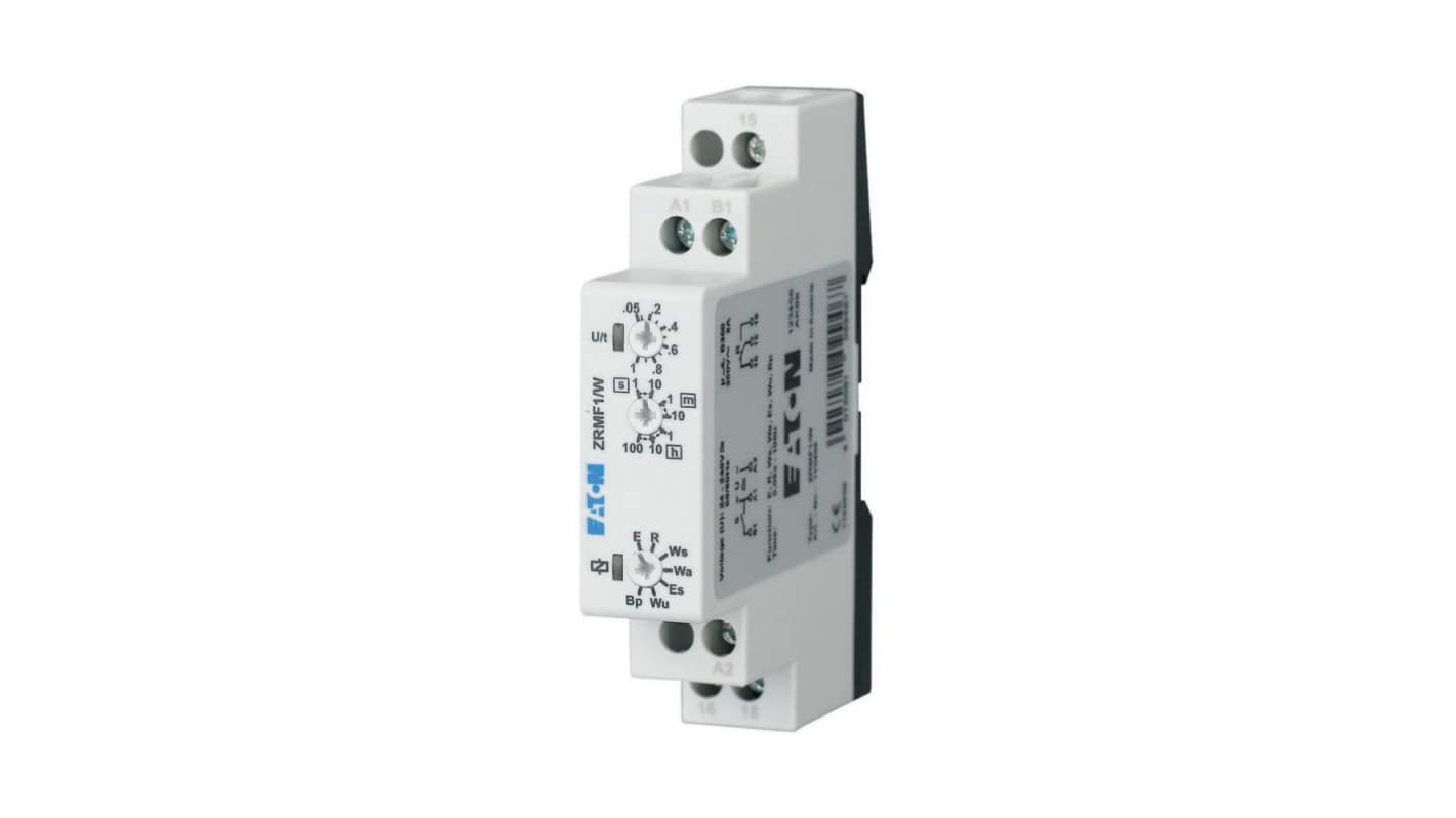 Eaton ZRMF Series DIN Rail Mount Timer Relay, 24 - 240V ac/dc, 1-Contact, 0.05 - 360000s, 7-Function, SPDT