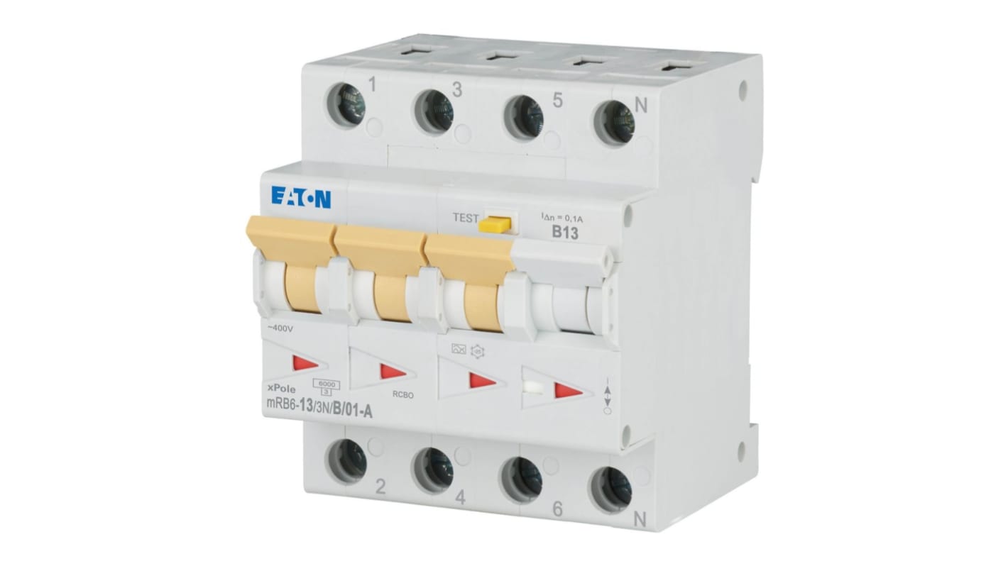Eaton RCBO, 13A Current Rating, 3+N Poles, 100mA Trip Sensitivity, Type B, xPole Range