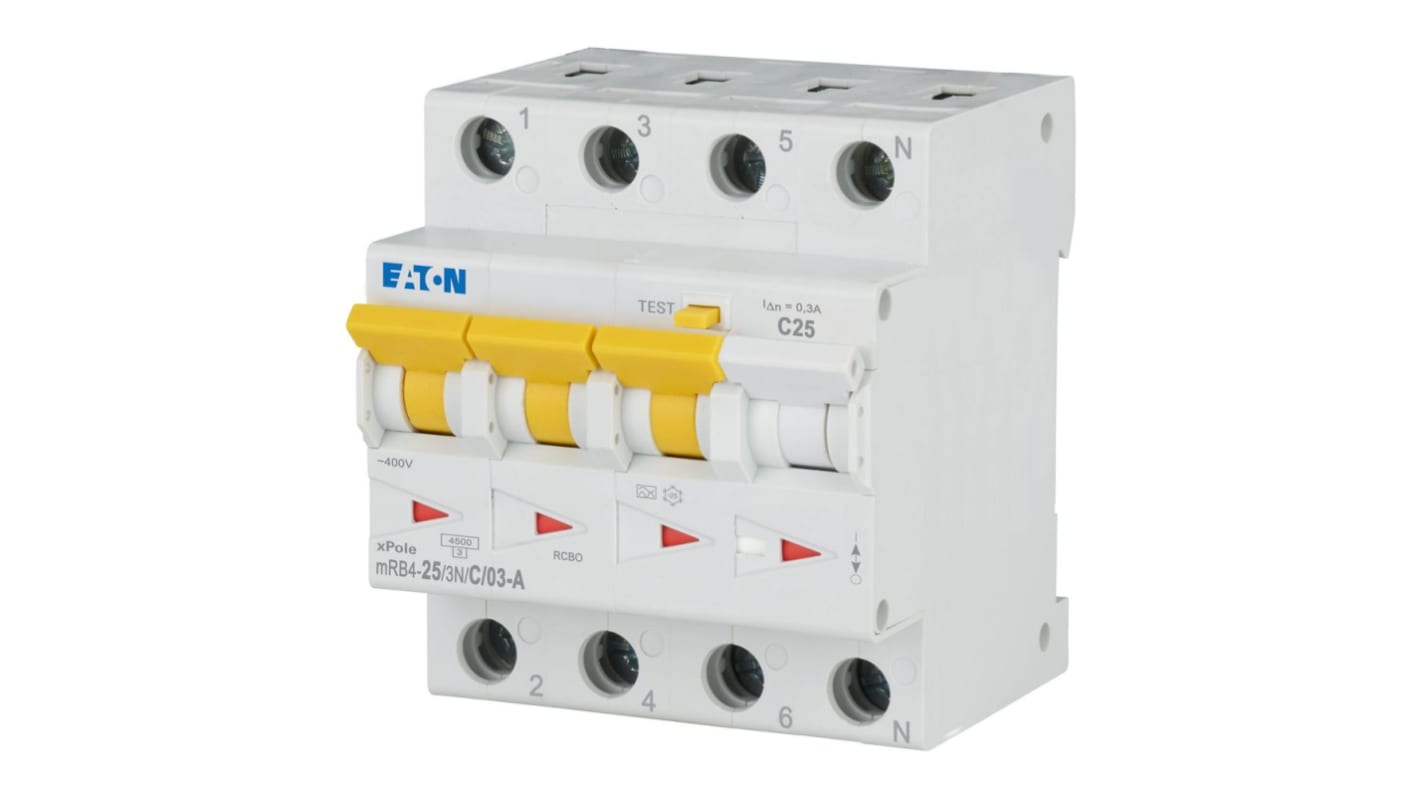 Eaton RCBO, 25A Current Rating, 3+N Poles, 300mA Trip Sensitivity, Type C, xPole Range