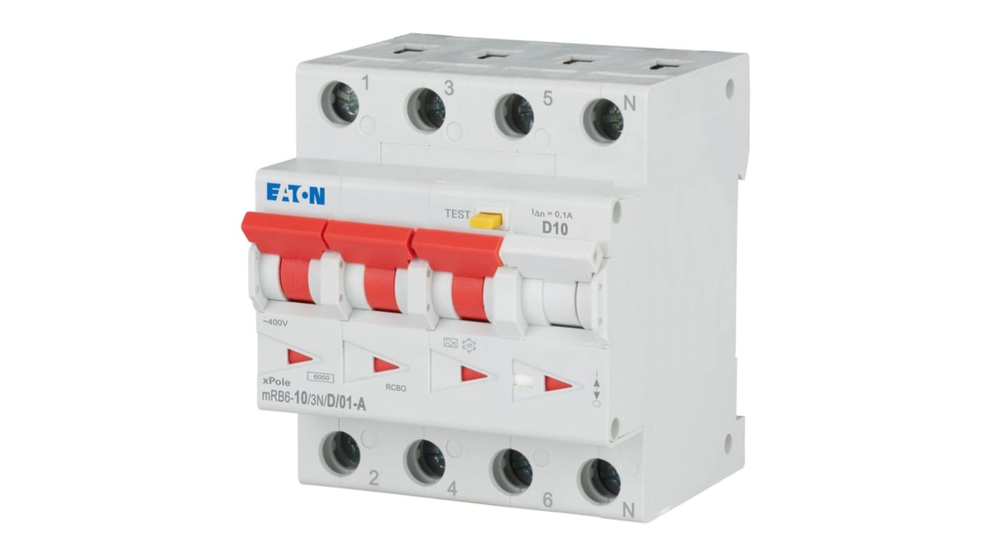 Eaton RCBO, 10A Current Rating, 3+N Poles, 100mA Trip Sensitivity, Type D, xPole Range