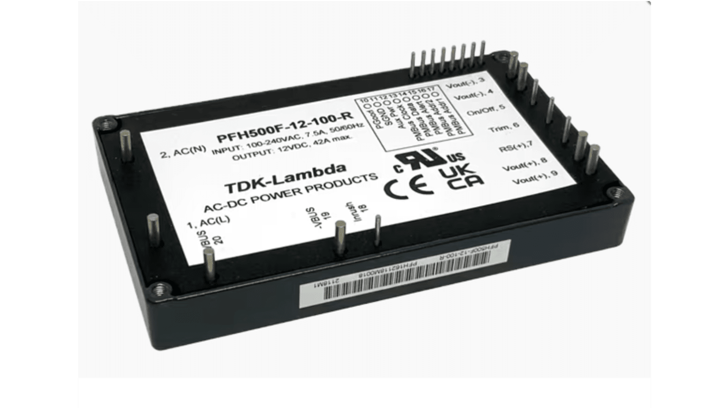 TDK-Lambda AC-DC Power Supply, PFH500F-12-100-R, 9.6 → 14.4V dc, 42A, 504W, 1 Output, 85 → 265V ac Input