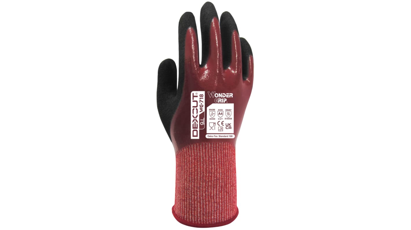 Wonder Grip WG-718 DEXCUT Black/Red HPPE, Mineral Fiber, Spandex, UHMWPE Cut Resistant, Heat Resistant Gloves, Size 11,