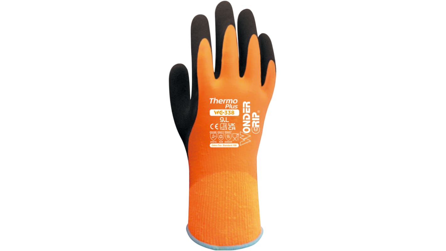 Wonder Grip WG-338 THERMO PLUS Black, Orange Acrylic Cut Resistant, Heat Resistant Gloves, Size 10, XL, Latex Coating