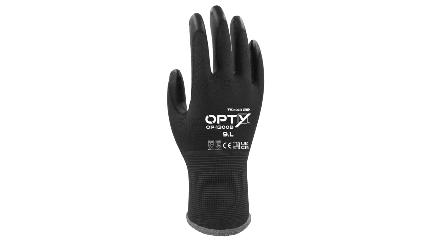 Wonder Grip OP-1300B OPTY Black Nylon General Purpose General Handling Gloves, Size 10, XL, Polyurethane Coating