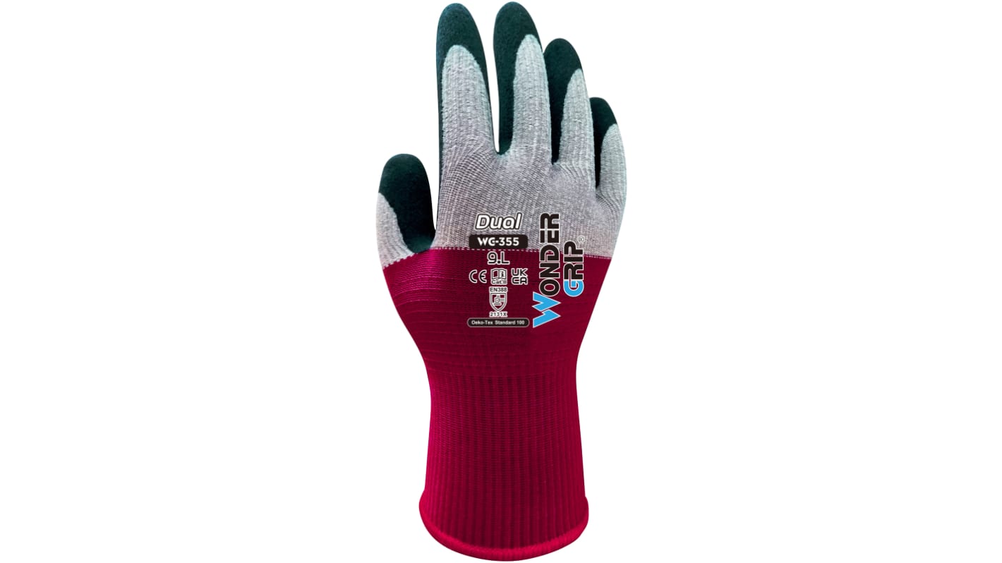 Wonder Grip WG-355 DUAL Grey, Red Microfiber, Nylon General Purpose Gloves, Size 10, XL, Latex Coating