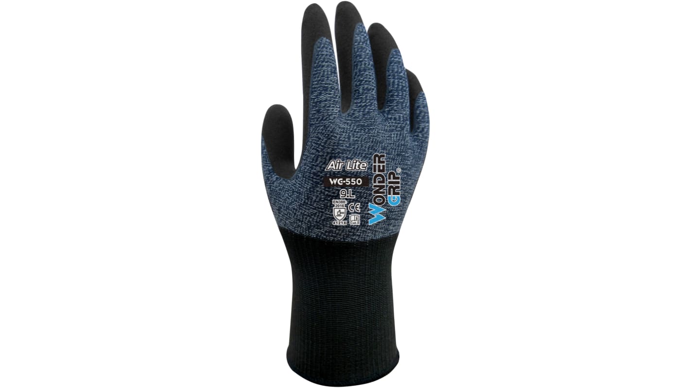 Wonder Grip WG-550 AIR LITE Black, Blue Nylon, Polyester General Purpose Gloves, Size 9, L, Nitrile Coating