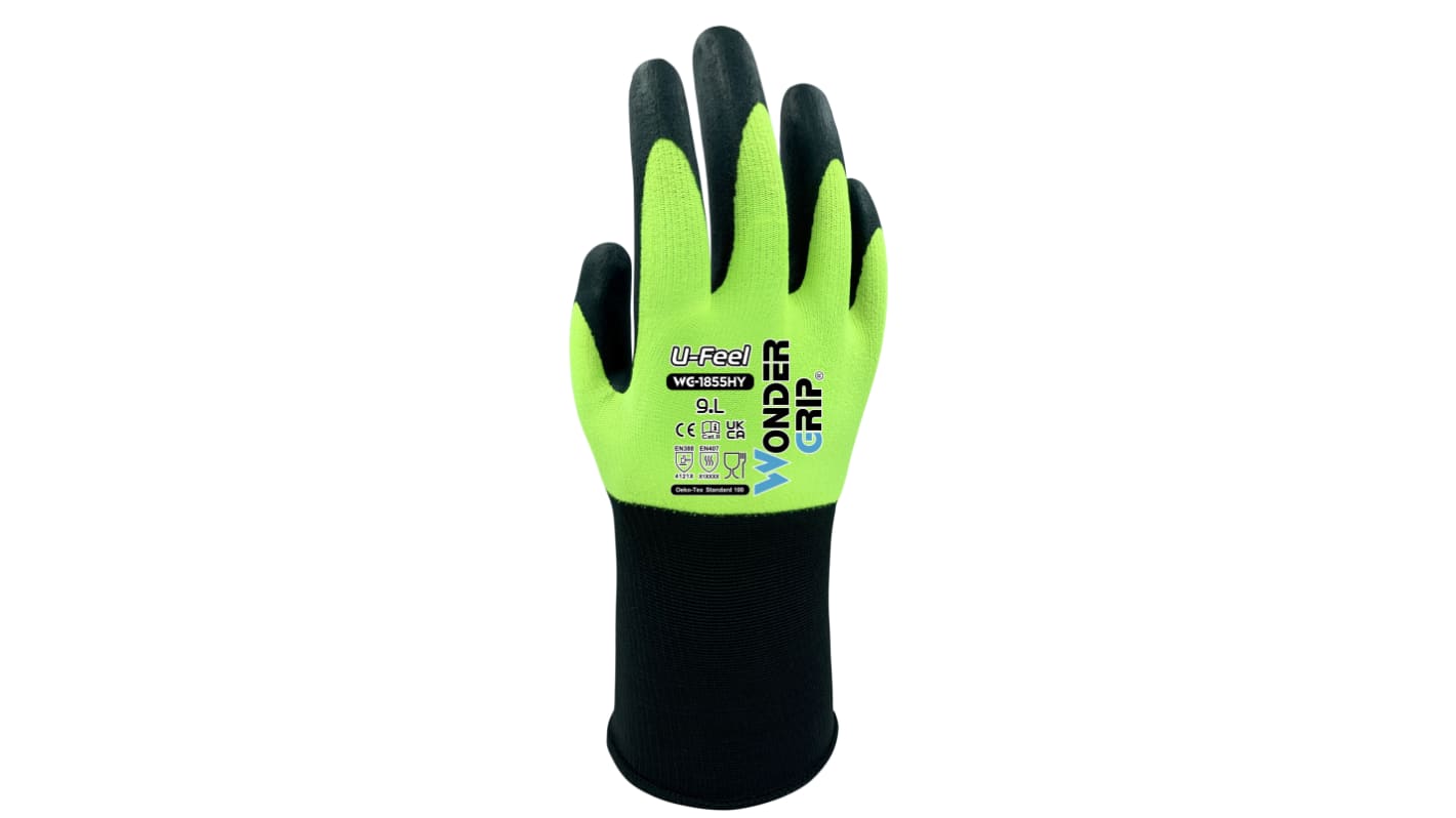 Wonder Grip WG-1855HY U-FEEL Hi-Viz Yellow Polyester, Spandex General Purpose Gloves, Size 10, XL, Nitrile Coating