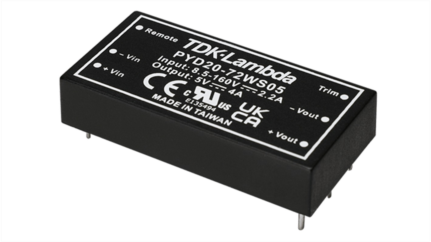 TDK-Lambda PYD20 DC-DC Converter, 5V dc/ 4A Output, 8.5 → 160 V dc Input, 20W, Through Hole, +105°C Max Temp