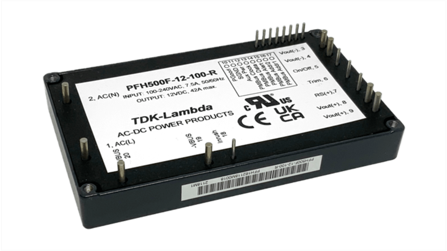 TDK-Lambda Switching Power Supply, PFH500F-12-0D0-R, 12V dc, 42A, 504W, 1 Output, 85 → 265V ac Input Voltage