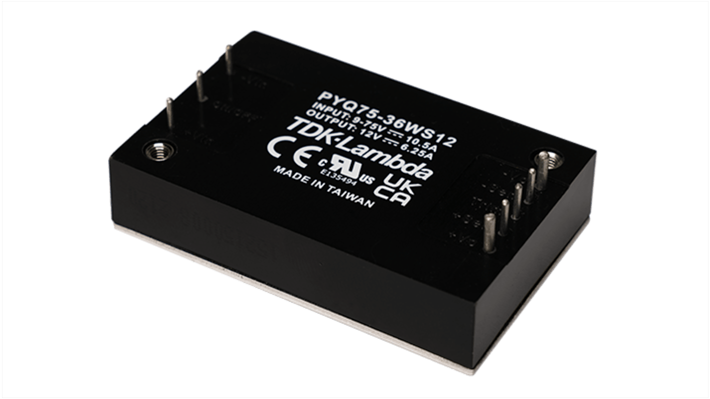 TDK-Lambda PYQ75 DC-DC Converter, 12V dc/ 6.25A Output, 9 → 75 V dc Input, 75W, PCB Mount, +100°C Max Temp -40°C