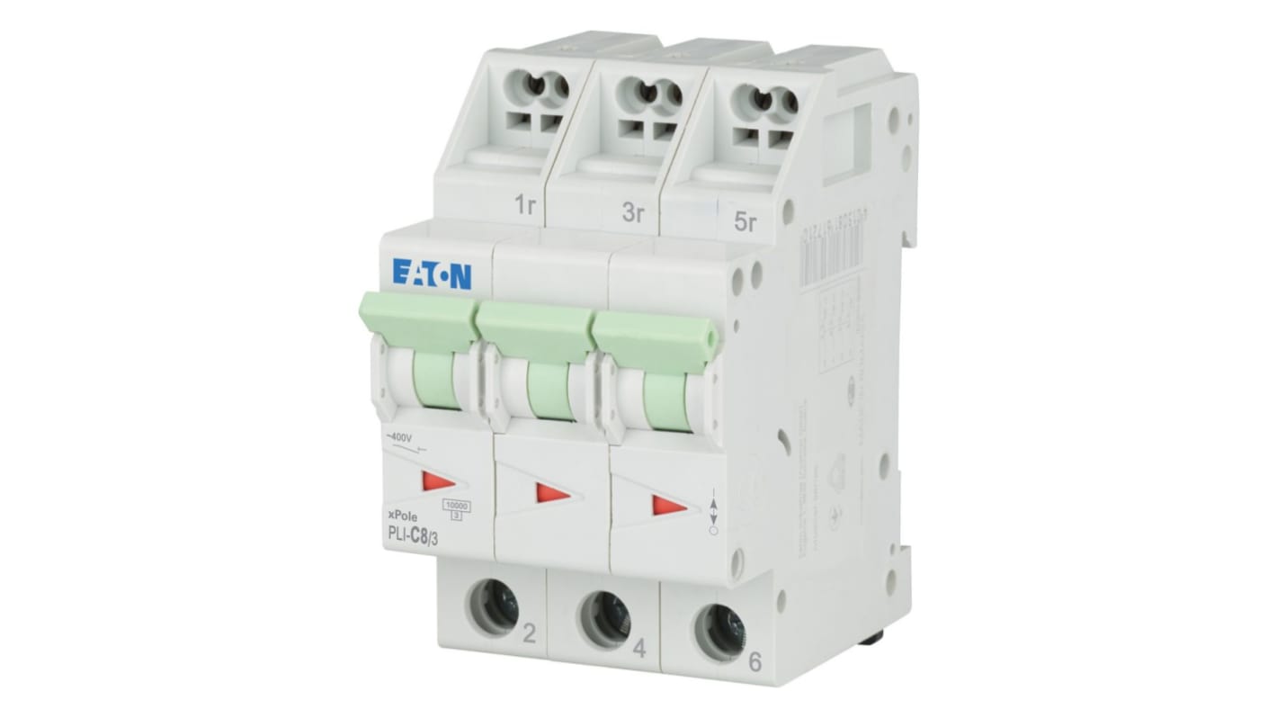 Eaton MCB, 3P, 8A Curve C, 400V AC, 10 kA Breaking Capacity