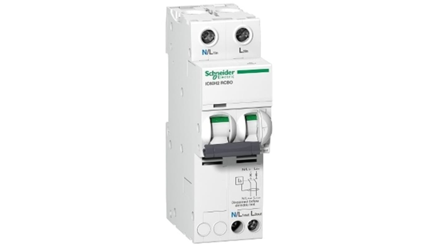 Schneider Electric RCBO, 16A Current Rating, 1P Poles, Type C, Acti9 Range