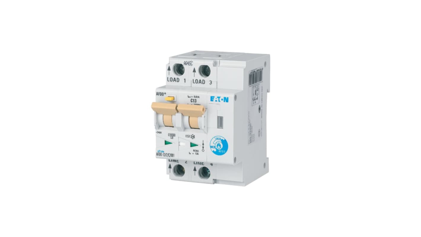 Eaton AFDD, 13A Current Rating, 2P Poles, 10mA Trip Sensitivity, Type C, Eaton Moeller Range