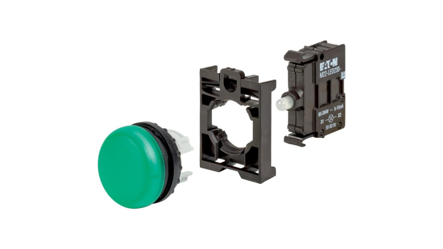 Eaton, Green LED Indicator, 22.5mm Cutout, IP67, IP69K, Round, 250V ac