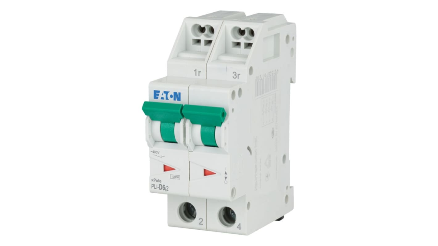 Eaton MCB, 2P, 6A Curve D, 400V AC, 10 kA Breaking Capacity