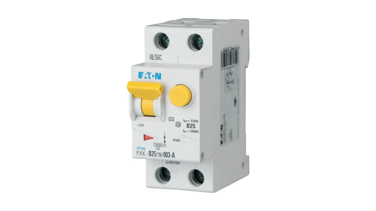 Eaton RCBO, 25A Current Rating, 1P + N Poles, 300mA Trip Sensitivity, Type B, xPole Range