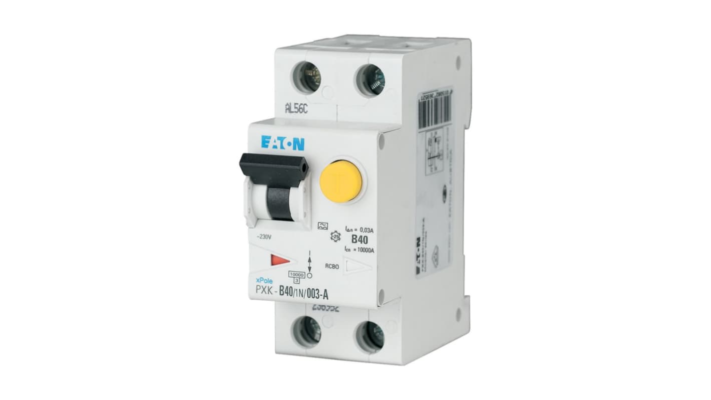Eaton RCBO, 40A Current Rating, 1P + N Poles, 100mA Trip Sensitivity, Type C, xPole Range