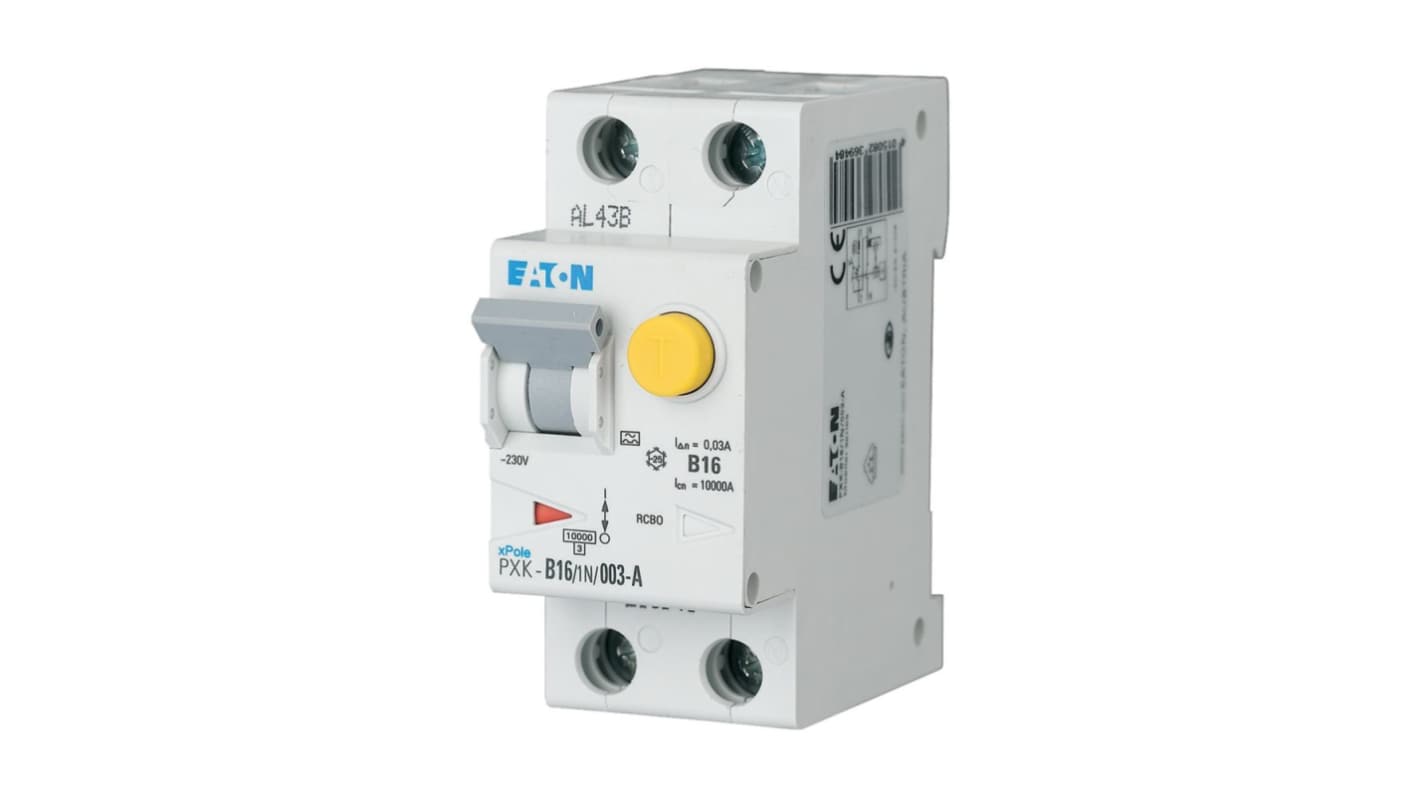 Eaton RCBO, 16A Current Rating, 1P + N Poles, 300mA Trip Sensitivity, Type C, xPole Range