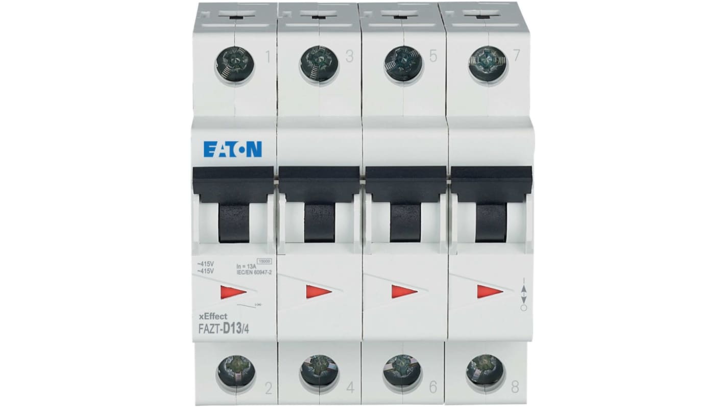 Eaton xEffect FAZ MCB, 4P, 13A Curve D, 415V AC, 60V DC, 25 kA Breaking Capacity