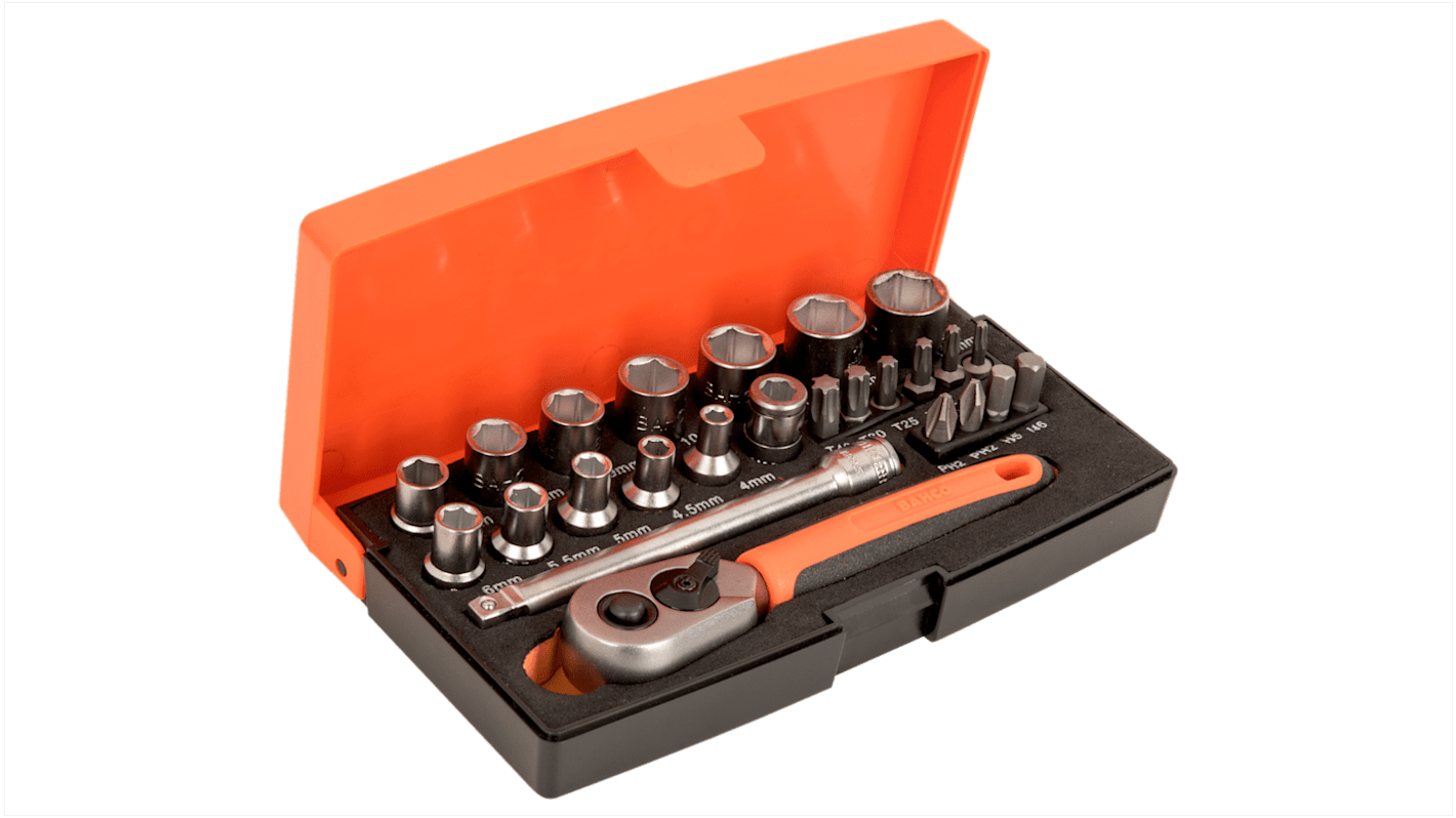 Bahco 25-Piece Metric 1/4 in Standard Socket/Bit Set with Ratchet, 6 point; Hex Bit; Phillips Bit; Torx Bit