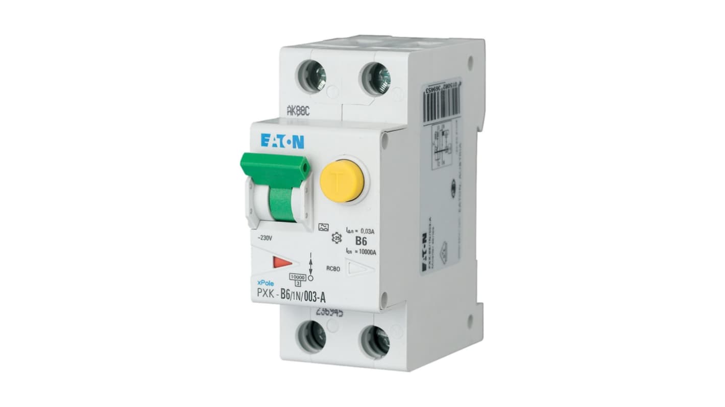 Eaton RCBO, 6A Current Rating, 1P + N Poles, 30mA Trip Sensitivity, Type B, xPole Range