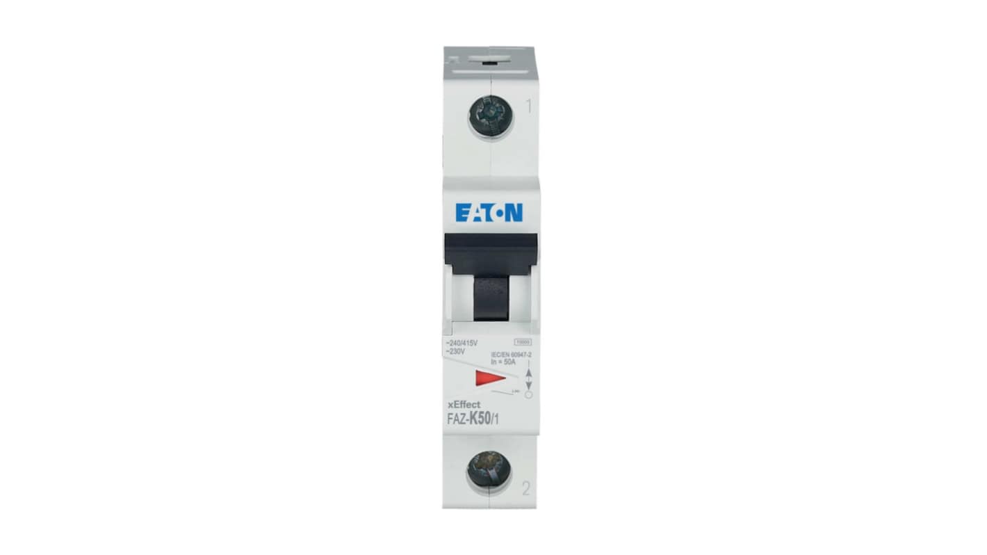 Eaton xEffect FAZ MCB, 1P, 50A Curve K, 230V AC, 48V DC, 10 kA Breaking Capacity